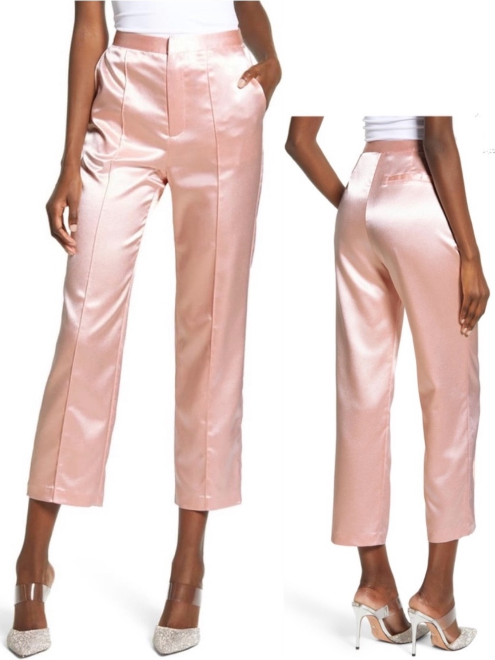 Nordstrom Endless Rose High Waist Pink Satin Cropped Silky Trouser Dressy Pants